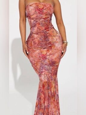 Fashion Nova Perla Lace Up Maxi Strapless Marble-Print Mermaid Dress size M